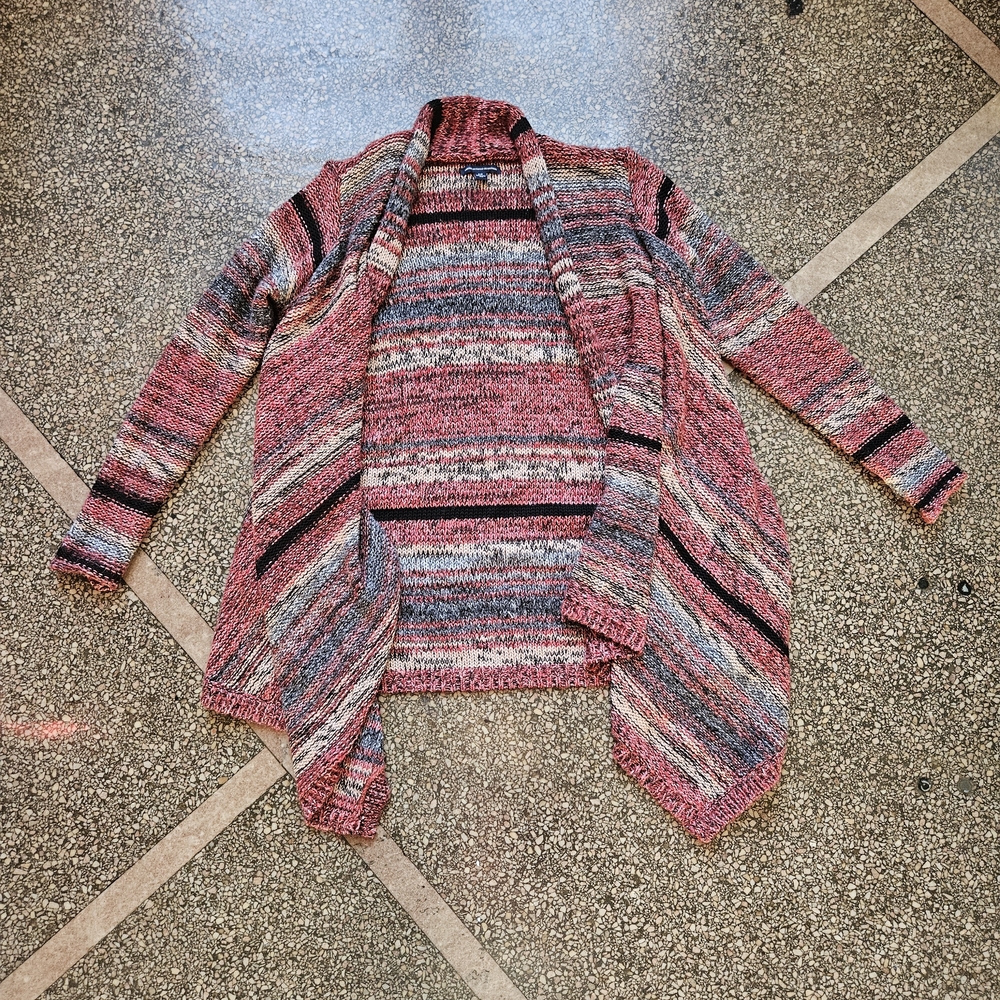 American Eagle Red Variegated Multicolored Striped Open Front Cardigan